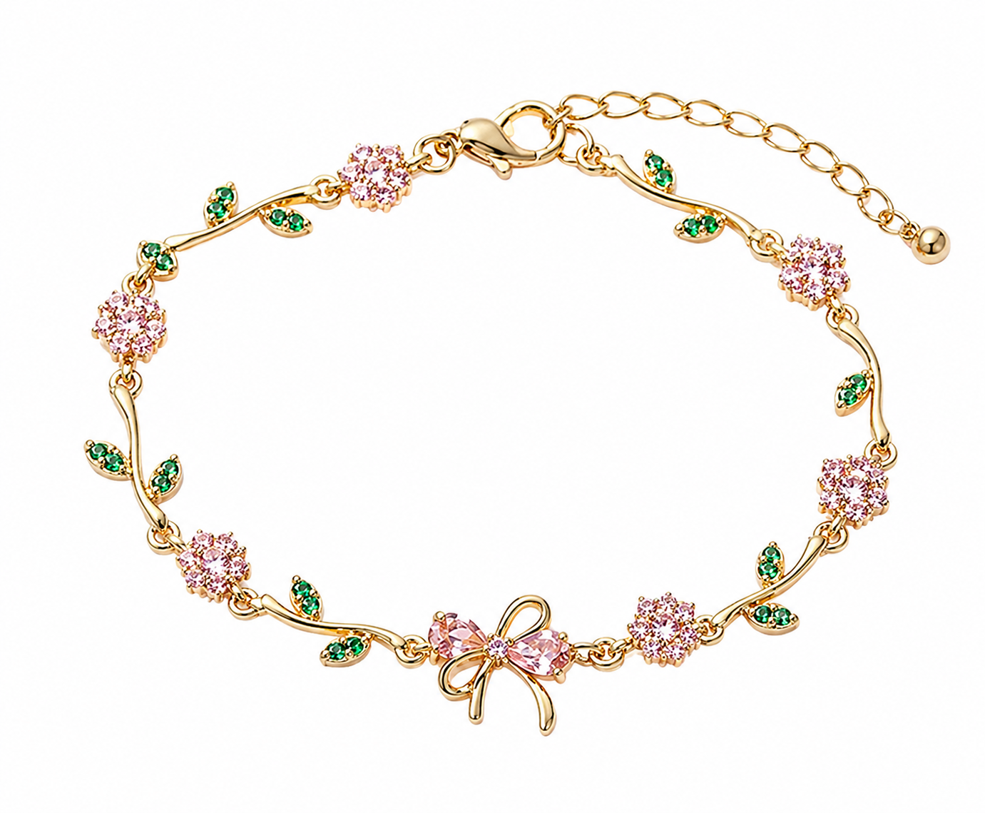 Beadz Gold Plated Pink Floral Bow Bracelet for Women | Adjustable Chain | Anti Tarnish | Cubic Zirconia Leaf Design | Elegant Gift for Girls & Women