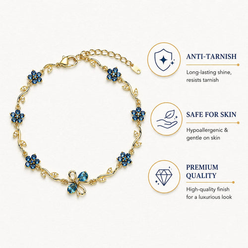 Beadz Anti-Tarnish Gold Plated Blue Floral Bow Bracelet