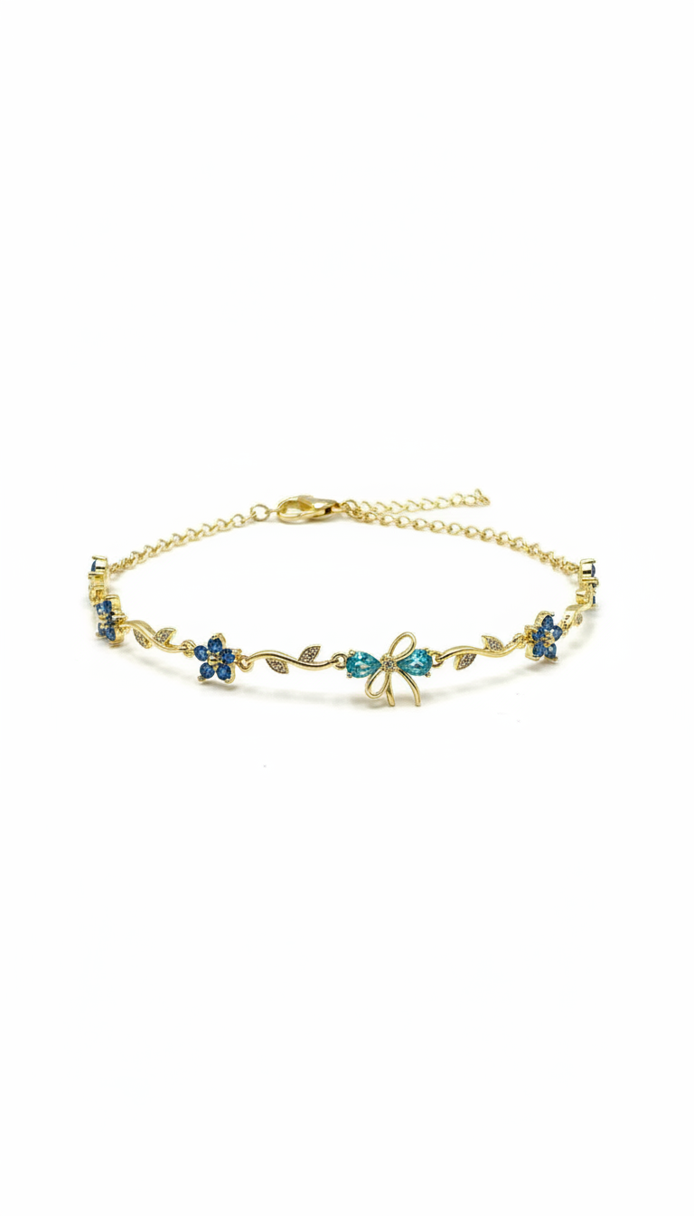 Beadz Anti-Tarnish Gold Plated Blue Floral Bow Bracelet